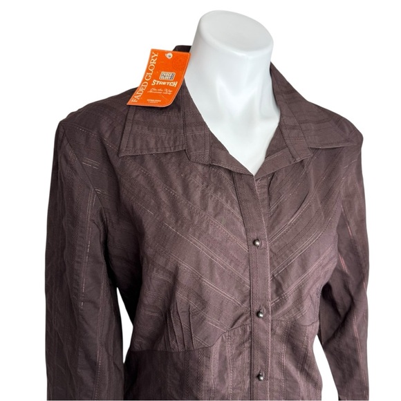 Y2K 2006 Brown Metallic Button Down Blouse Tie Back Stretch Shirt NOS Size XL - Picture 2 of 7